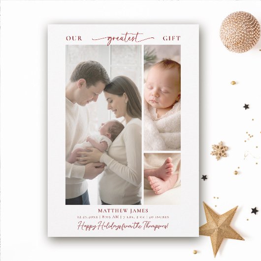 Kerstcadeau boven Elegante Eenvoudige Baby 3 Foto Feestdagenkaart