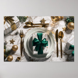 Kerstcadeau doos met groene lint op feestelijke ta poster