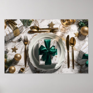 Kerstcadeau doos met groene lint op feestelijke ta poster