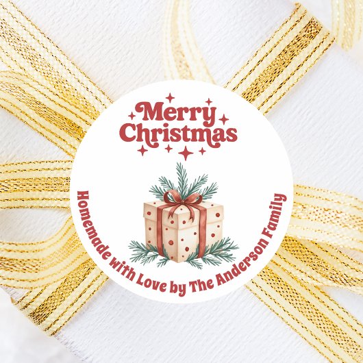 Kerstcadeau doos zelfgemaakt ronde sticker