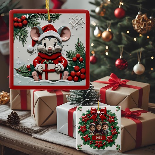 Kerstcadeau en muis  keramisch ornament