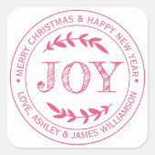 Kerstcadeau-etiket met JOY Merry Christmas Bericht Vierkante Sticker (Voorkant)