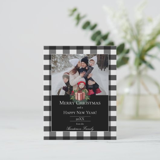 Kerstcadeau foto met Buffalo ruit | Rood Feestdagenkaart (Staand voorkant)