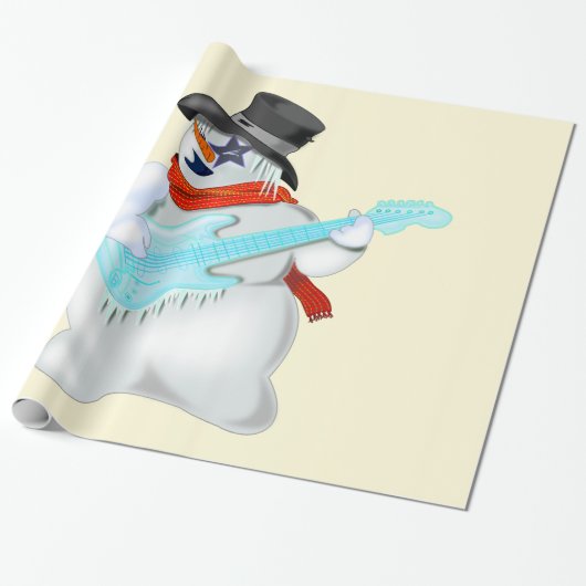 Kerstcadeau inpakpapier sneeuwpop met gitaar (Uitgerold)