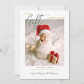Kerstcadeau Kalligrafie Moderne Groene Baby Foto Aankondiging (Voorkant)