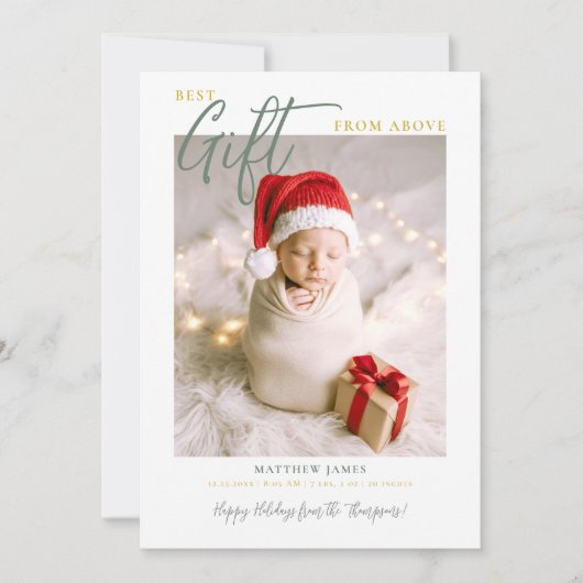Kerstcadeau Kalligrafie Moderne Groene Baby Foto Aankondiging (Voorkant)