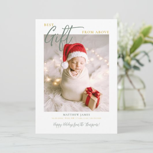 Kerstcadeau Kalligrafie Moderne Groene Baby Foto Aankondiging (Staand voorkant)