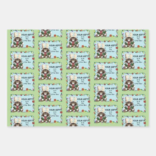 Kerstcadeau Kat Groen Grappig Inpakpapier Vel (Voorkant 3)