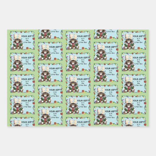 Kerstcadeau Kat Groen Grappig Inpakpapier Vel (Voorkant)