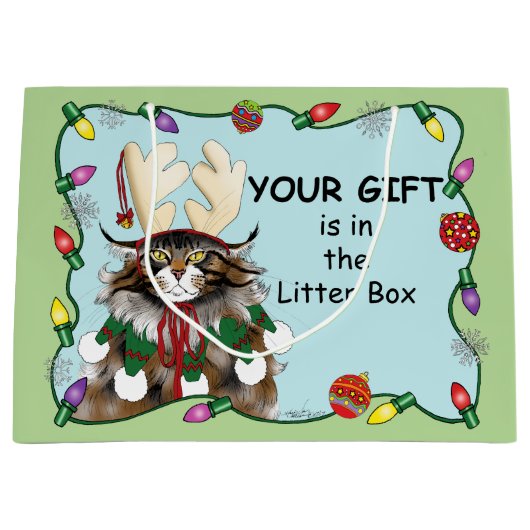 Kerstcadeau Kat Groen Grappig Large Cadeautasje (Voorkant)