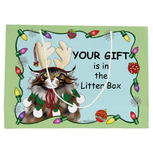 Kerstcadeau Kat Groen Grappig Large Cadeautasje (Achterkant)