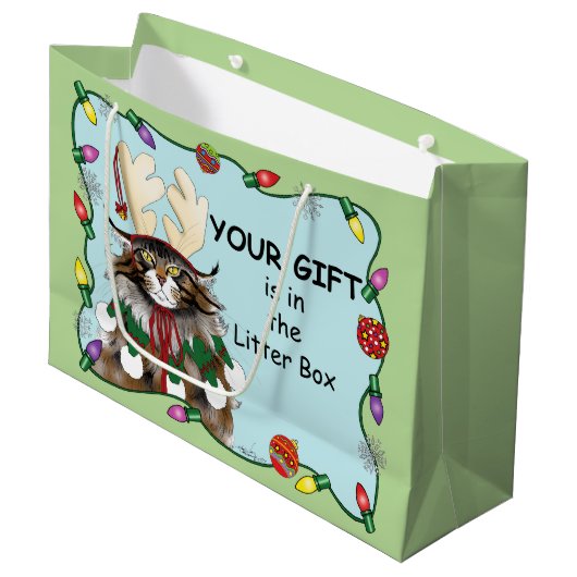 Kerstcadeau Kat Groen Grappig Large Cadeautasje (Voorkant Gekanteld)
