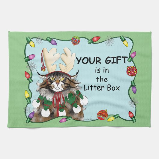 Kerstcadeau Kat Groen Grappig Theedoek (Horizontaal)