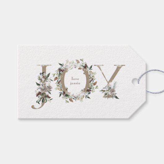 kerstcadeau Label Festive Floral Alphabet JOY Cadeaulabel (Voorkant (Horizontaal))