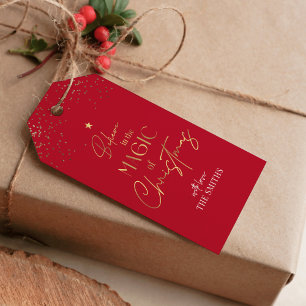 Kerstcadeau Label Gold Glitter Calligrafie Rood Cadeaulabel