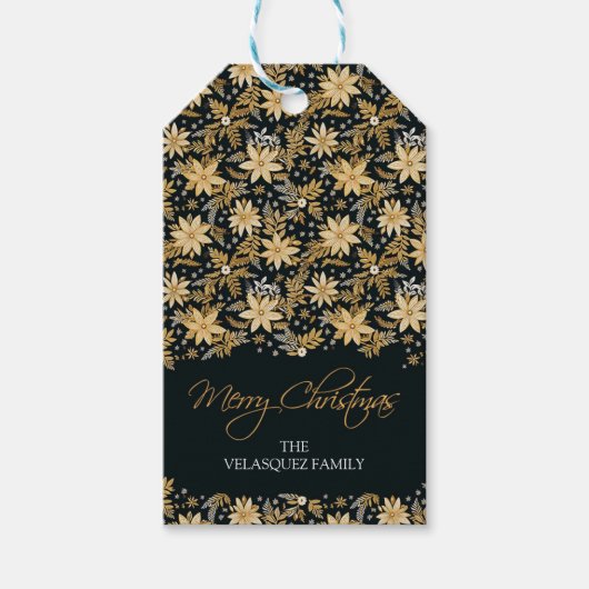 Kerstcadeau Label, gouden poinsettia en krans Cadeaulabel (Voorkant)