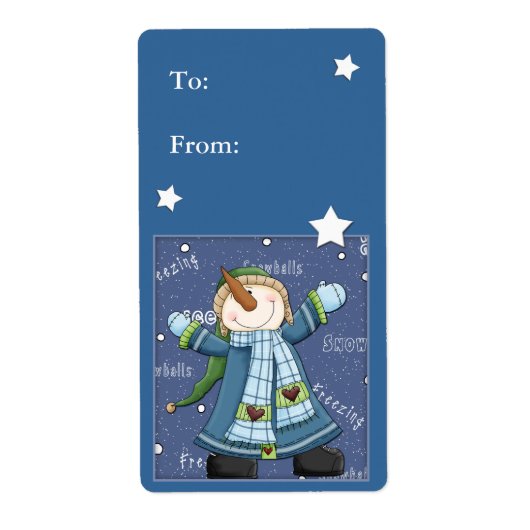 Kerstcadeau label met sneeuwpop en sterren (Voorkant)