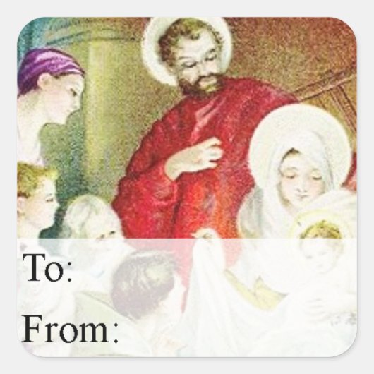  kerstcadeau-Label op de nativiteitsscène Vierkante Sticker (Voorkant)