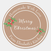 Kerstcadeau met bruine achtergrond en bewerkbare t ronde sticker (Voorkant)