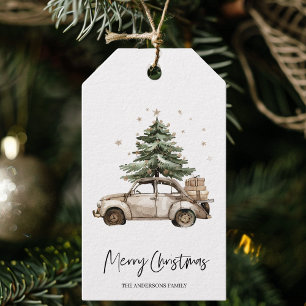 Kerstcadeau met Oude Auto en Kerstboom Cadeaulabel