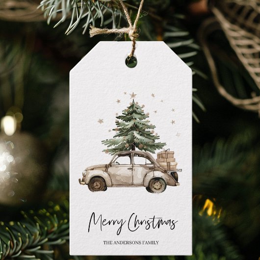 Kerstcadeau met Oude Auto en Kerstboom Cadeaulabel