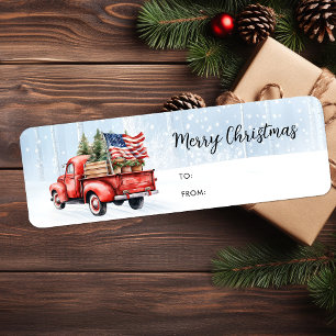 Kerstcadeau met vintage rode vrachtwagen en patrio etiket