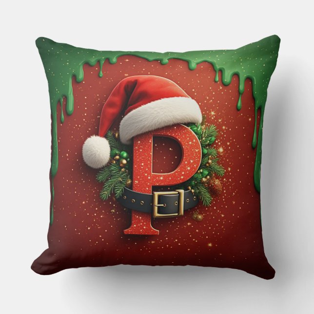 Kerstcadeau Monogram P met kerstmuts Kussen (Voorkant)
