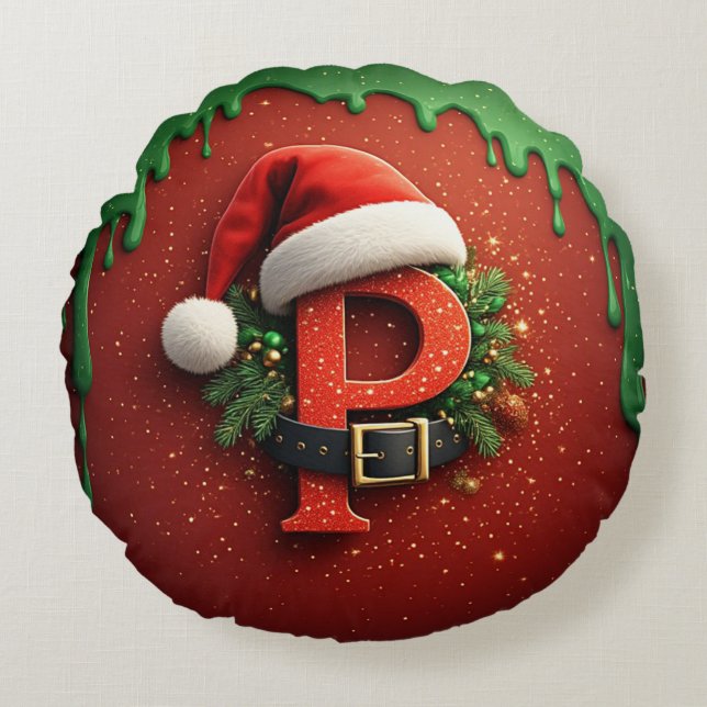 Kerstcadeau Monogram P met kerstmuts Rond Kussen (Voorkant)