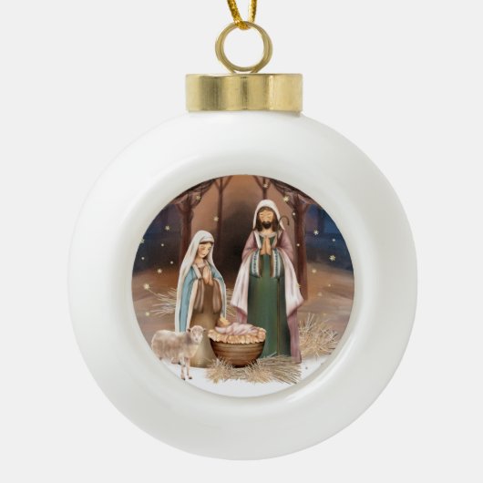 kerstcadeau op de nativiteitsscène keramische bal ornament (Voorkant)