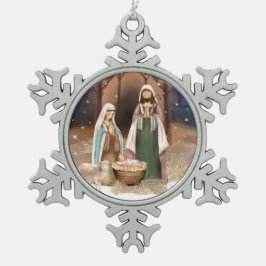 kerstcadeau op de nativiteitsscène tin sneeuwvlok ornament