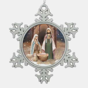 kerstcadeau op de nativiteitsscène tin sneeuwvlok ornament
