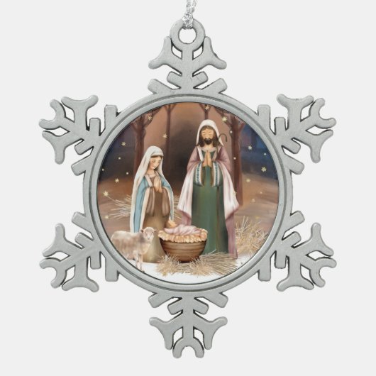 kerstcadeau op de nativiteitsscène tin sneeuwvlok ornament (Voorkant)