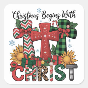 Kerstcadeau Prettig Kerstmis Geruite Religieuze Kr Vierkante Sticker