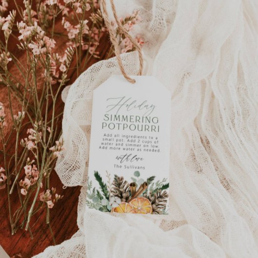 Kerstcadeau-tag met sudderende potpourri cadeaulabel