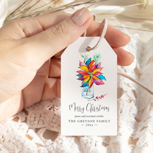 Kerstcadeau Tags Kleurrijke Waterverf Poinsettia Cadeaulabel