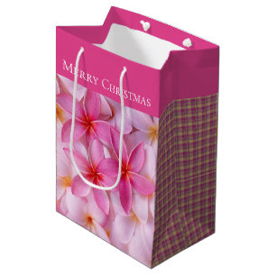 Kerstcadeau Tas-Merry Christmas Plumeria Plaid Medium Cadeauzakje