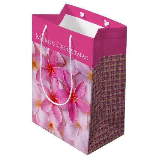 Kerstcadeau Tas-Merry Christmas Plumeria Plaid Medium Cadeauzakje (Achterkant Gekanteld)