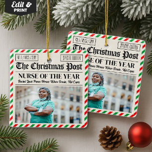 Kerstcadeau voor verpleegster, krant voor verpleeg keramisch ornament