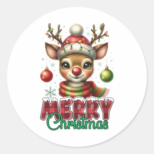 Kerstcadeau Vrolijk Kerstrendier Ronde Sticker (Voorkant)