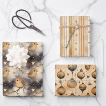 Kerstcadeau Wrap Stars and Robins Gold & White
