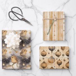 Kerstcadeau Wrap Stars and Robins Gold & White Inpakpapier Vel