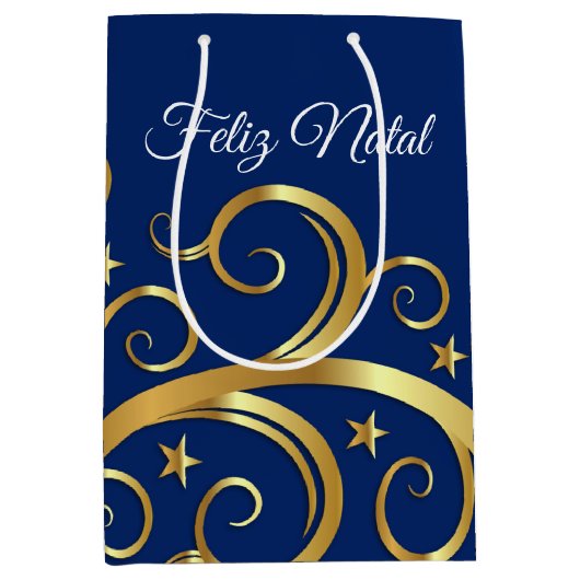 Kerstcadeau Zak Majestic Swirls Feliz Natal Medium Cadeauzakje (Voorkant)