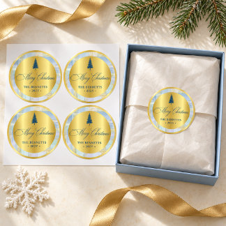 Kerstcadeau Zegel – Blauwe & Gouden Dennen