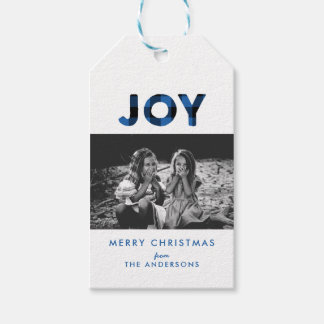 Kerstcadeaubijlage met foto en 'Joy' in blauwe Buf Cadeaulabel