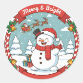 Kerstcadeaublad – Blij & Munter Sneeuwman Ronde Sticker (Voorkant)