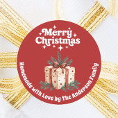 Kerstcadeaubox zelfgemaakt rood wit ronde sticker