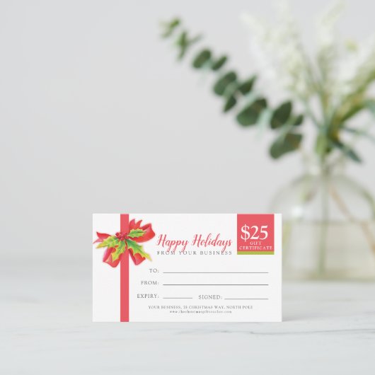 Kerstcadeaucertificaat rood groen lint $25 kortingskaartje (Staand voorkant)