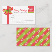 Kerstcadeaucertificaat rood groen lint $25 kortingskaartje (Voorkant / Achterkant)