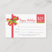 Kerstcadeaucertificaat rood groen lint $25 kortingskaartje (Voorkant)