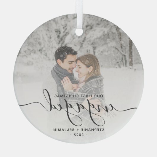 kerstcadeaucode aangepast foto grijs script glas ornament (Achterkant)